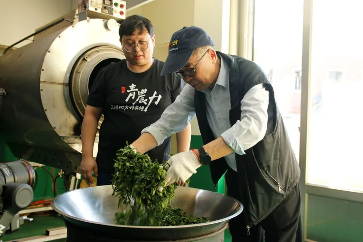 聯發科技多年透過「智在家鄉」創新競賽，鼓勵以科技改善家鄉問題；今年將影響力擴大至在地人文的文化永續推廣，與灣聲樂團共同發起『臺灣共鳴－公益音樂行腳』，圖為聯發科技董事長蔡明介親訪「智在家鄉」參賽團隊落地場域，並在團隊指導下體驗傳統炒茶工藝。聯發科提供