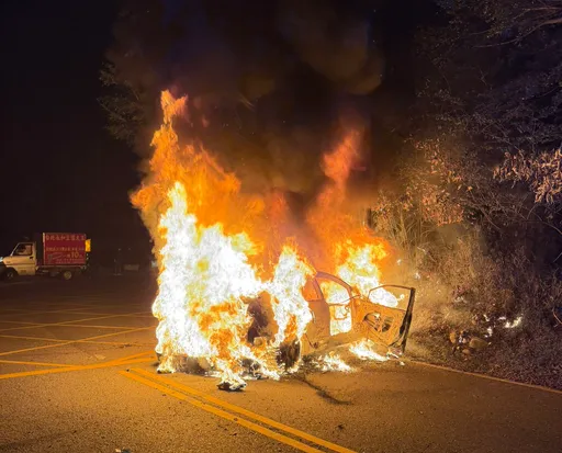 小客車自撞電桿起火！　同行車友奮不顧身救人挽回一命