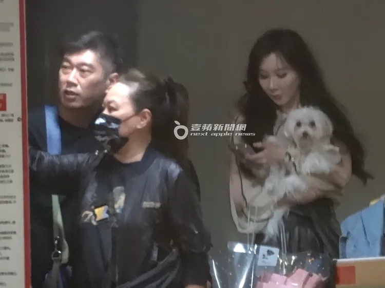 蕭薔（右）一邊抱著愛犬一邊滑手機，由護花男及助理幫忙處理事務。特勤中心攝