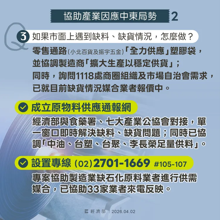 中東戰事打亂全球石化供應鏈並造成國內「塑膠袋之亂」大缺貨，經濟部已啟動五項措施確保石化產業與民生塑膠需求不中斷。經濟部提供