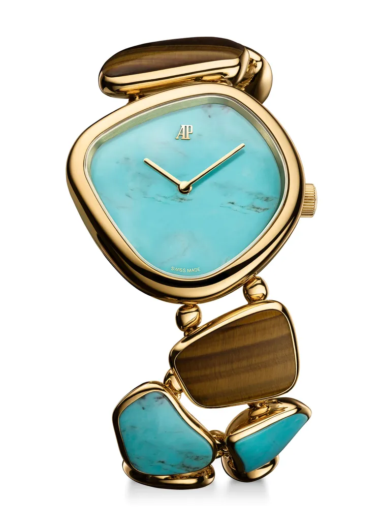 愛彼錶ÉTABLISSEURS GALETS，31mm ，18K金質卵石形錶殼 ，天然石質錶盤 ，18K金質鑲嵌寶石或雕刻紋飾錶帶，3098手動上鏈機芯 ，動力儲存48小時 ，防水深度20米。品牌提供