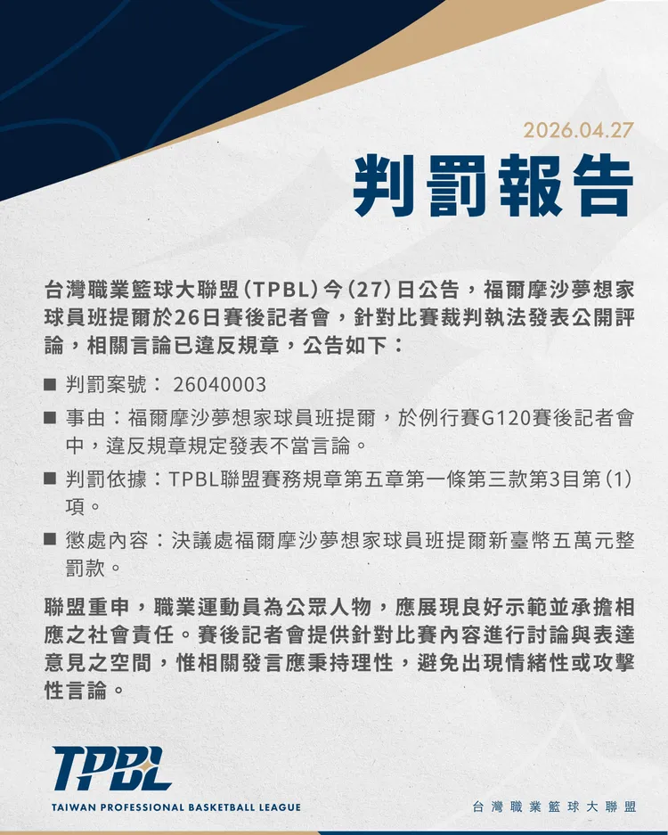 TPBL祭出重罰。TPBL提供