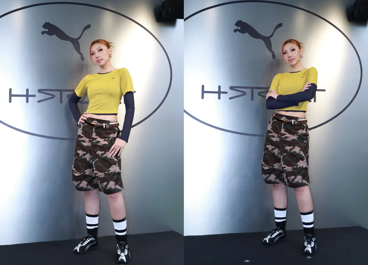 Karencici以迷彩五分褲搭配銀光黑H-STREET。彭欣偉攝