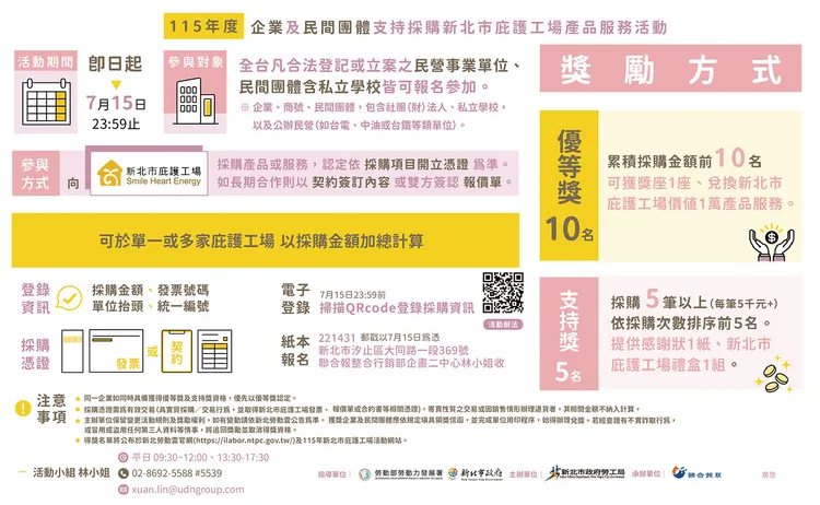 企業及民間團體支持採購活動。勞工局提供