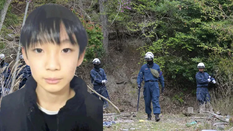 日本警方證實，發現的男童遺體就是失蹤的安達結希（翻攝X@安達結希）。合成畫面。背景為警方在陳屍處蒐證。路透社