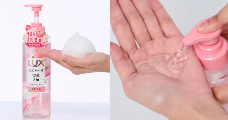 LUX「療癒精油香氛系列－微醺白桃」洗髮精，質地輕盈好起泡，能洗淨多餘油脂。