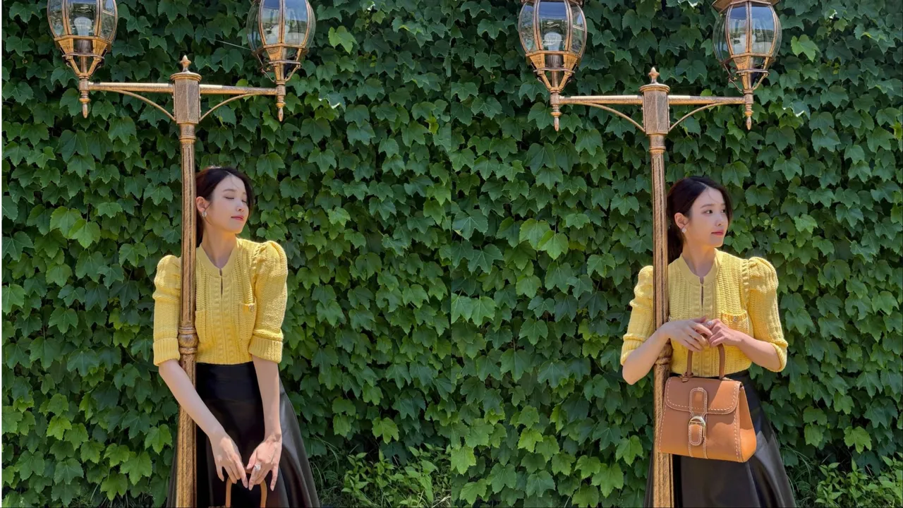 IU以黃色針織衫、黑色半身裙搭配棕色款Brillant MM Surpiqué。翻攝IU IG