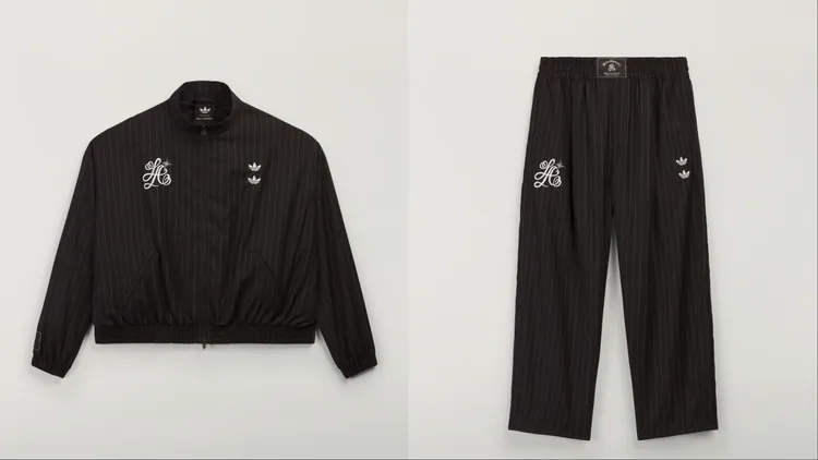 adidas Originals x Willy Chavarria「Love Prevails」系列Chavarria條紋運動外套（左）1萬1800元、Chavarria條紋運動長褲（右）8800元。品牌提供
