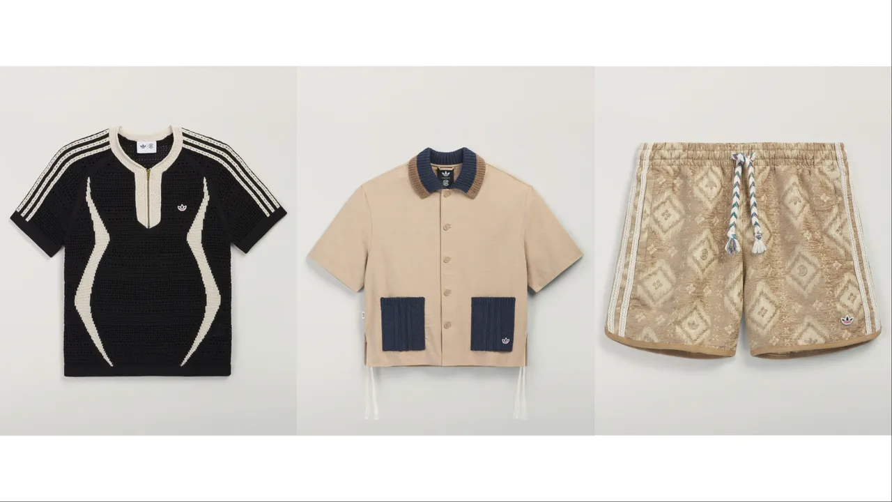 adidas Originals x CLOT「Mundial」系列CLOT針織球衣（左起）5290元、CLOT工裝短袖襯衫4690元、CLOT印花短褲3290元。品牌提供