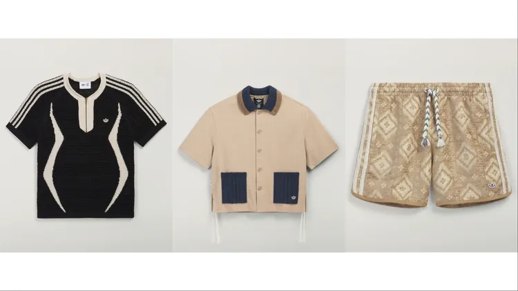 adidas Originals x CLOT「Mundial」系列CLOT針織球衣（左起）5290元、CLOT工裝短袖襯衫4690元、CLOT印花短褲3290元。品牌提供
