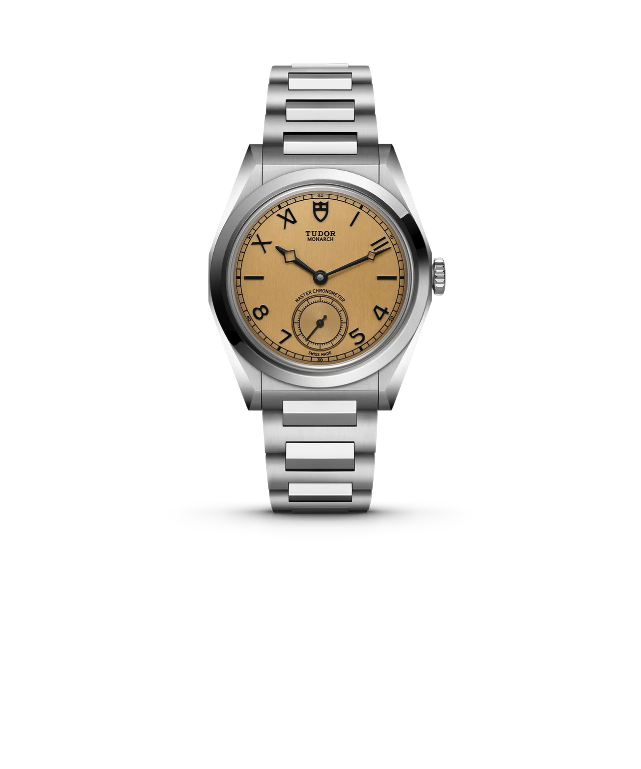 TUDOR Monarch，39mm，磨光及磨砂不銹鋼刻面錶殼，深香檳色垂直磨砂錶盤，不銹鋼雙鏈節刻面錶帶，MT5662-2U機芯，動力儲存65小時，防水深度100米。品牌提供