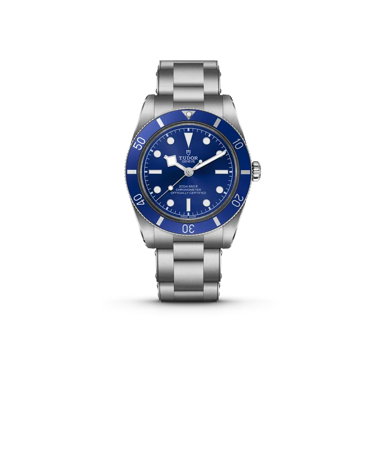 帝舵Black Bay 54 「藍色款」，37mm，磨光及磨砂不銹鋼錶殼，藍色圓拱形磨砂太陽放射紋錶盤，不銹鋼三鏈節錶帶，MT5400機芯，動力儲存70小時，防水深度200米。品牌提供