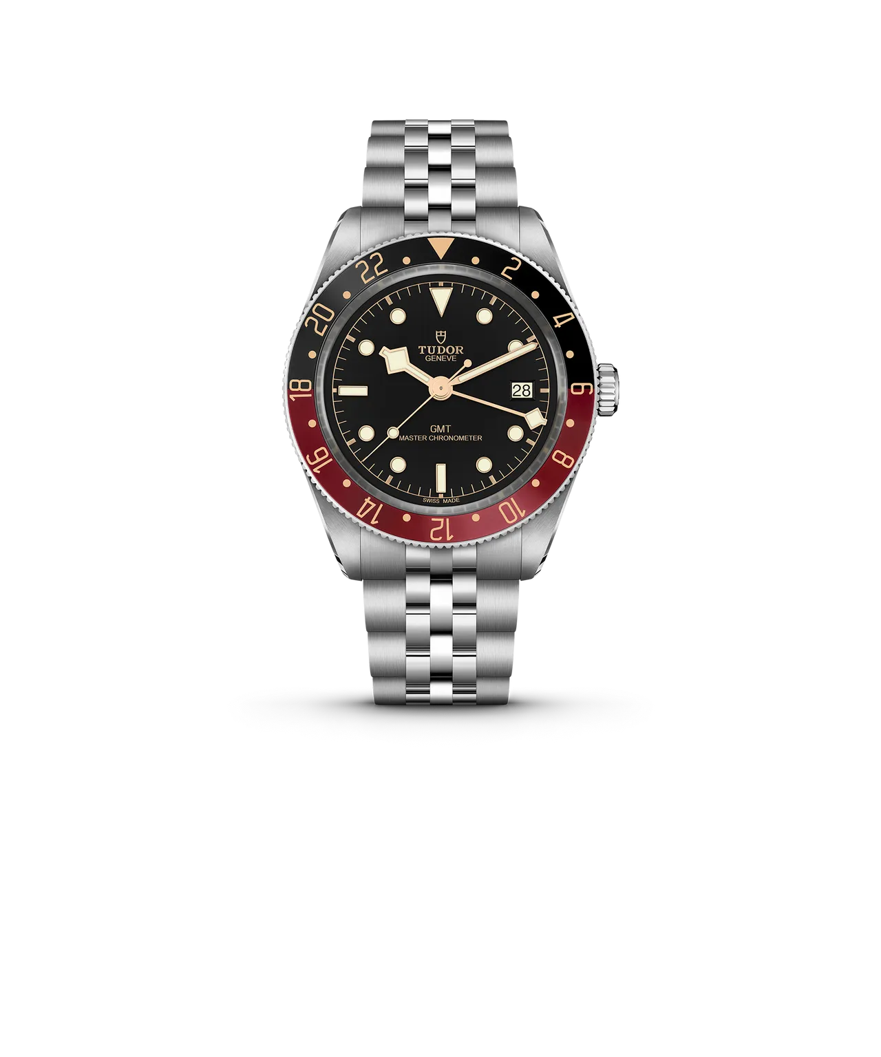 帝舵Black Bay 58 GMT，39mm，磨光及磨砂不銹鋼錶殼，黑色圓拱形錶盤，不銹鋼五鏈節錶帶，MT5450-U機芯，動力儲存65小時，防水深度200米。品牌提供