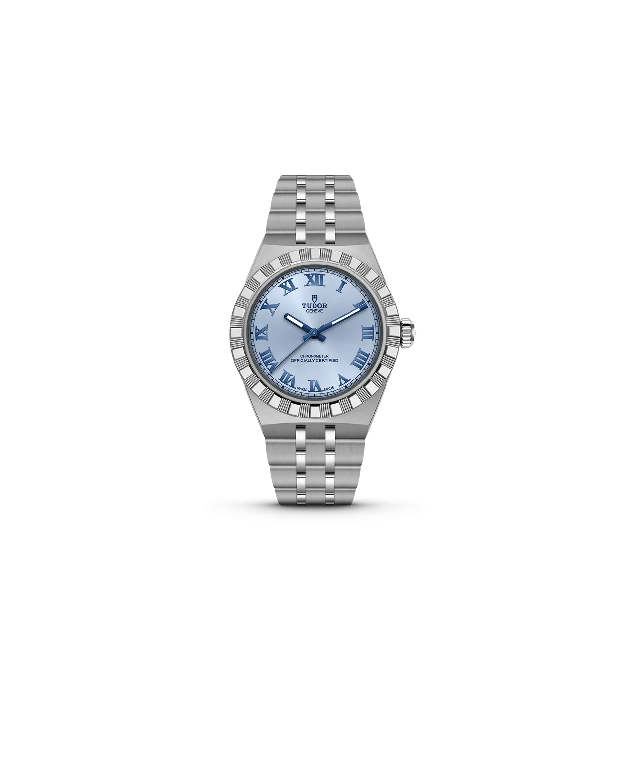 TUDOR Royal，40mm，磨光及磨砂不銹鋼錶殼，多款色調太陽放射紋錶盤，不銹鋼五鏈節一體式錶帶，MT5633型機芯，動力儲存70小時，防水深度100米。品牌提供