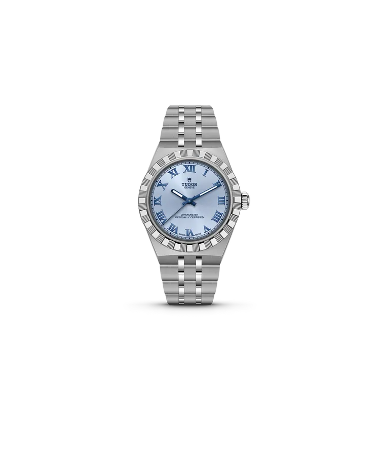 TUDOR Royal，40mm，磨光及磨砂不銹鋼錶殼，多款色調太陽放射紋錶盤，不銹鋼五鏈節一體式錶帶，MT5633型機芯，動力儲存70小時，防水深度100米。品牌提供