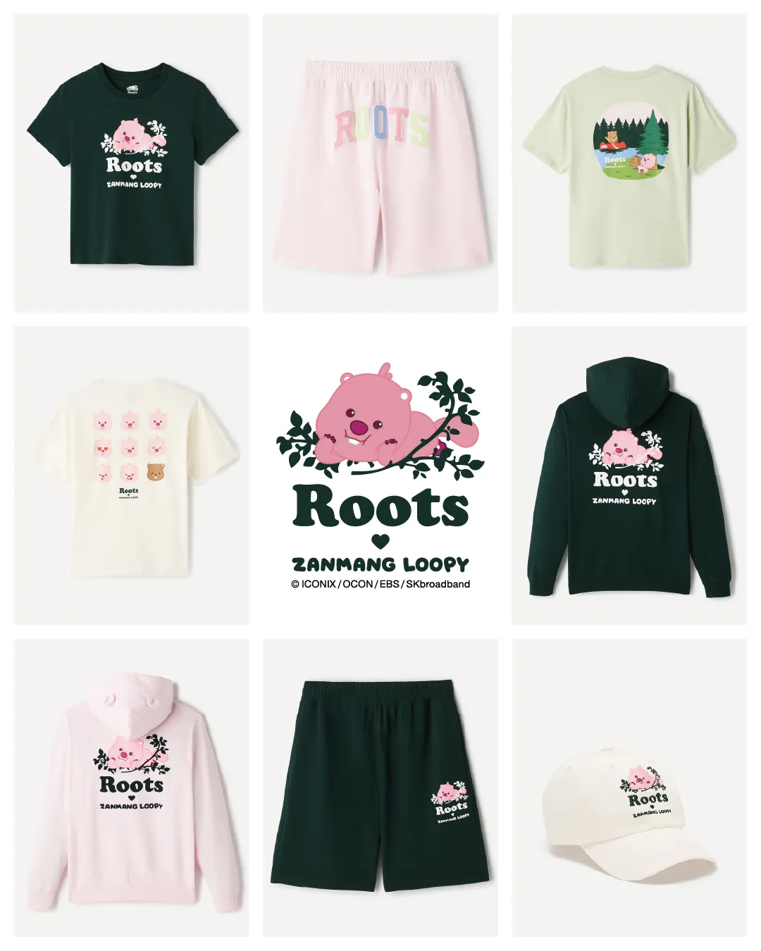 設計皆結合ZANMANG LOOPY粉紅色調，與Roots靈感源自大自然的森林、木屋等圖樣。品牌提供