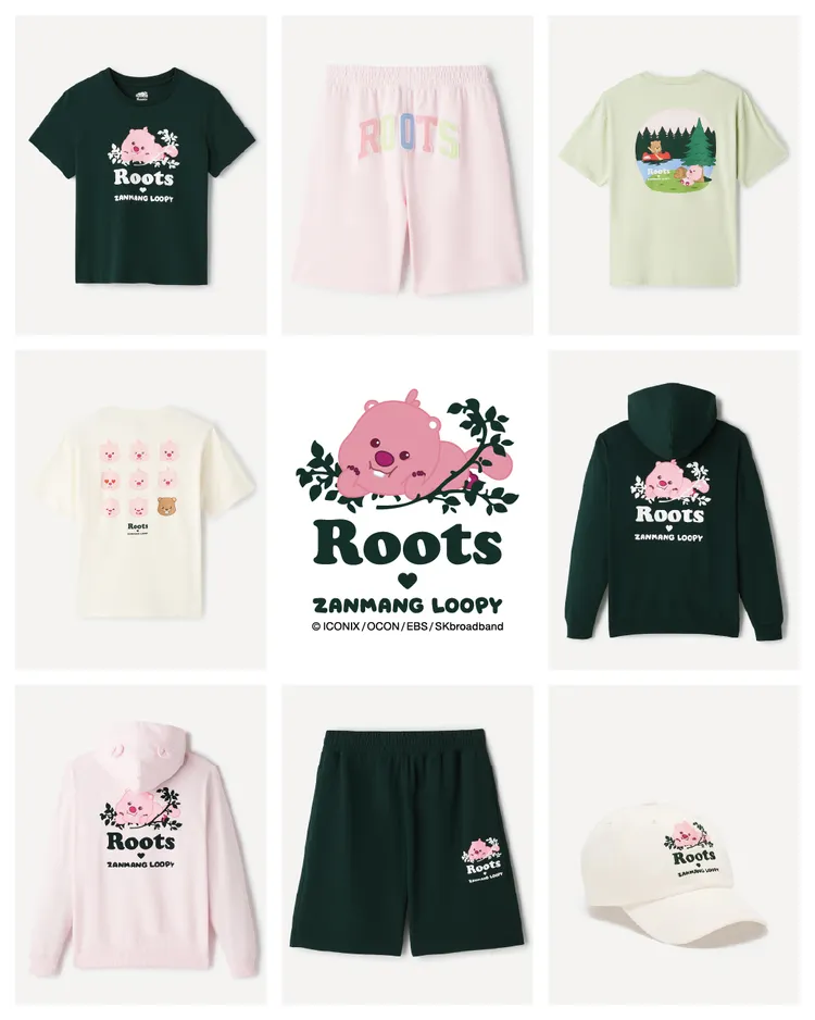 設計皆結合ZANMANG LOOPY粉紅色調，與Roots靈感源自大自然的森林、木屋等圖樣。品牌提供