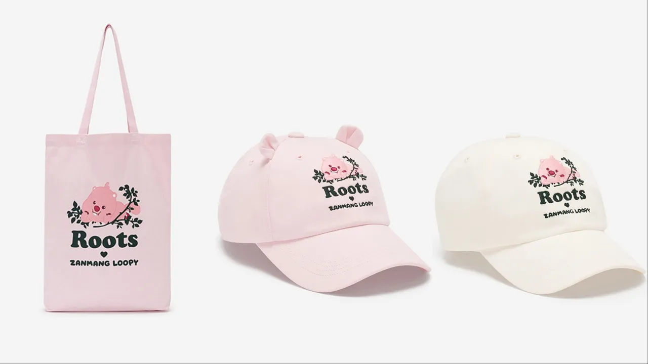Roots x ZANMANG LOOPY聯名系列托特包（左起）、萌耳粉色棒球帽、白色棒球帽，各1380元。品牌提供