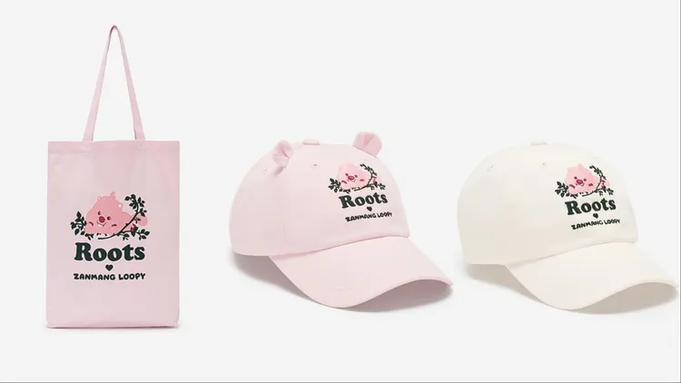 Roots x ZANMANG LOOPY聯名系列托特包（左起）、萌耳粉色棒球帽、白色棒球帽，各1380元。品牌提供
