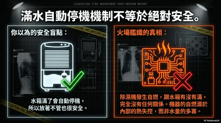除濕機滿水停機機制不代表絕對安全。圖取自消防神主牌臉書粉專