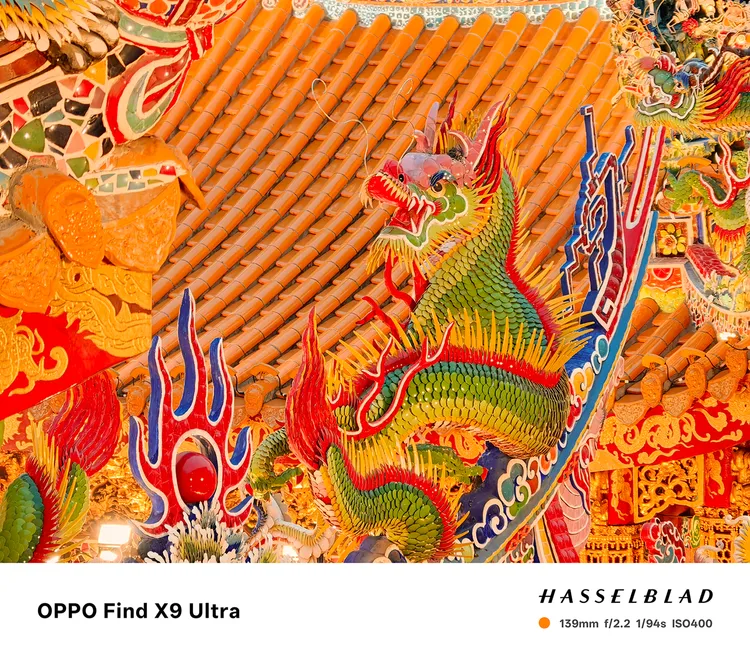 透過OPPO Find X9 Ultra拍攝的大甲媽祖遶境實景，色彩層次與細節表現突出，哈蘇影像調校呈現宮廟雕刻與燈光交織的濃厚人文氛圍。OPPO提供