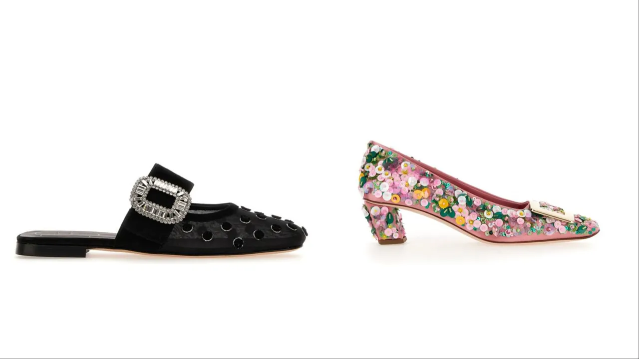 ROGER VIVIER Belle Vivier Pilgrim黑色網紗麂皮點點鑽扣穆勒拖鞋（左）5萬8600元、Belle Vivier Prato玫瑰粉緞面花卉手工刺繡淡金扣高跟鞋（右）7萬9900元。品牌提供