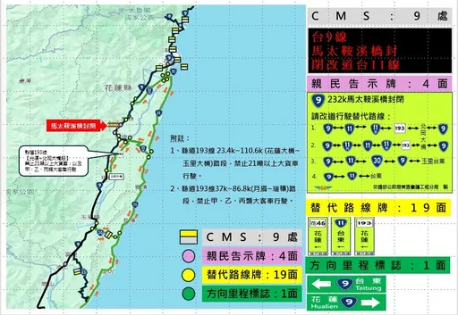 防汛演練　台9線馬太鞍溪鋼便橋今下午一點半起封閉2.5小時