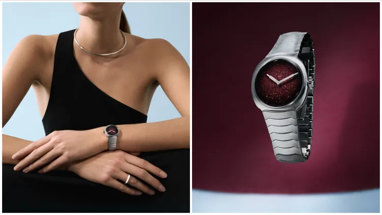 亨利慕時疾速者雙針腕錶28mm（編號 6410-1200），28.3mm，不鏽鋼錶殼，酒紅色煙燻冰霜紋錶盤，一體式不鏽鋼鏈帶，HMC 410自動機芯，動力儲存60小時，防水深度120米。品牌提供