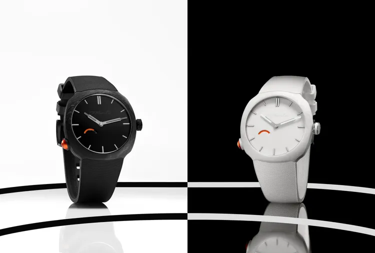 亨利慕時疾速者Pump腕錶（編號 6103-2200/2201），40mm，鍛造石英纖維與鈦金屬結構錶殼，黑色或白色拋光漆面錶盤，一體式橡膠錶帶，HMC 103手動上鍊自製機芯，動力儲存74小時，防水深度100米，限量250只。品牌提供
