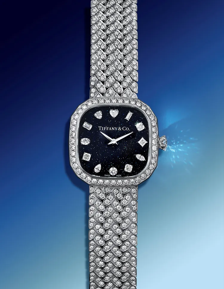 Tiffany Eternity系列腕錶，28mm，18K白金錶殼，砂金石錶盤，鑲嵌 455 顆圓形明亮式切割鑽石錶鍊，高效能瑞士石英機芯。品牌提供