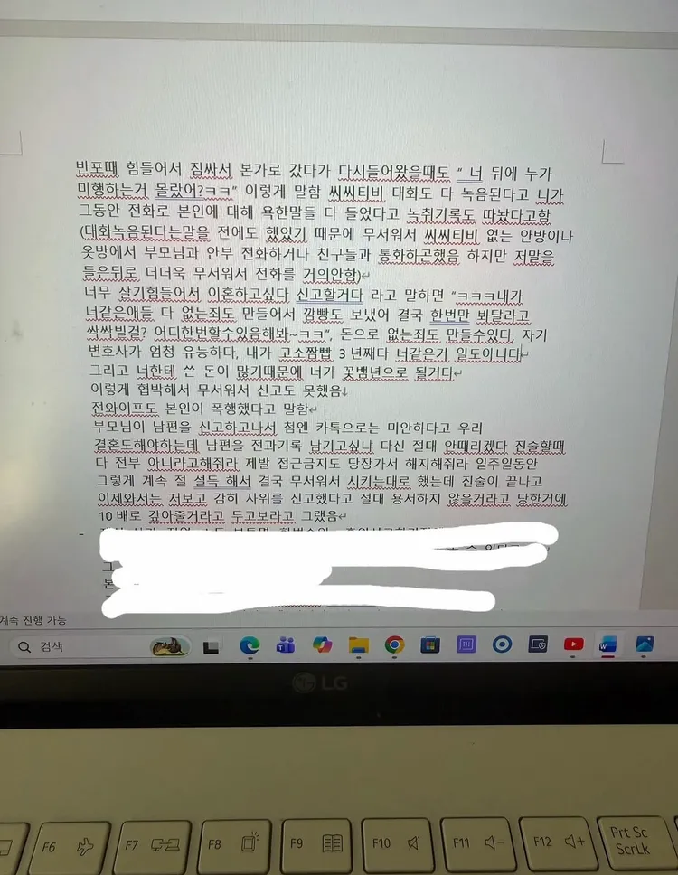 Jisoo的大嫂在word條列式控訴丈夫金正勳的惡行惡狀。翻攝theqoo