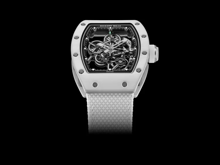 RICHARD MILLE RM 55-01手動上鍊腕錶，37.95×10.75×47.33mm，Quartz TPT石英纖維白錶殼，鈦合金與碳纖維四層刻度圈，RMUL4手動上鍊機芯，動力儲存約55小時。品牌提供