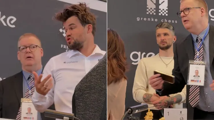 卡爾森拍完照後立即向裁判檢舉努爾曼帶手機，裁判到場將其手機沒收。翻攝自ChessBase India X