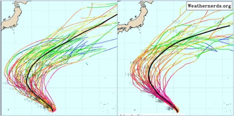 最新歐(ECMWF) 、美(GEFS)模式皆模擬，颱風未來將在日本南方海面「大迴轉」。翻攝weathernerd