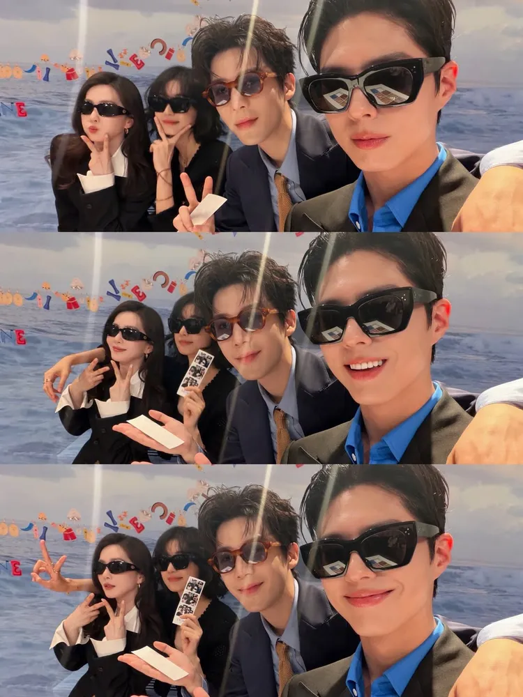 朴寶劍（右起）、王安宇、孫千、劉詩詩在CELINE活動瘋狂玩自拍。翻攝朴寶劍IG