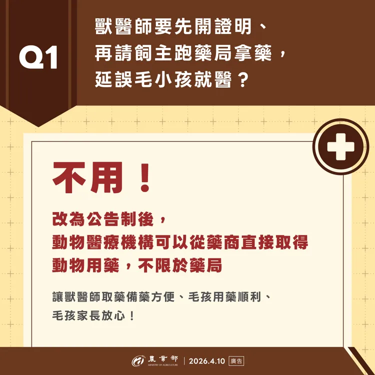 寵物用藥新制原預計7月1日上路，暫將登錄制改為公告制。農業部提供