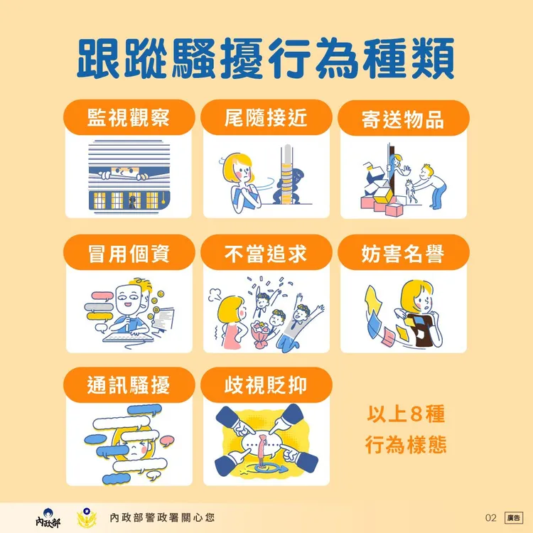 鐵路警察局曾宣導8大跟蹤騷擾行為樣態，提醒民眾多加留意。內政部警政署鐵路警察局
