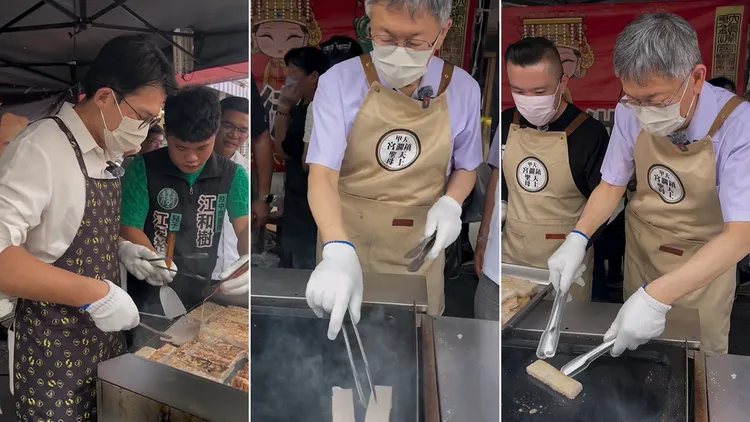 黃國昌與柯文哲一起在信徒供應站煎粿。翻攝自柯文哲IG