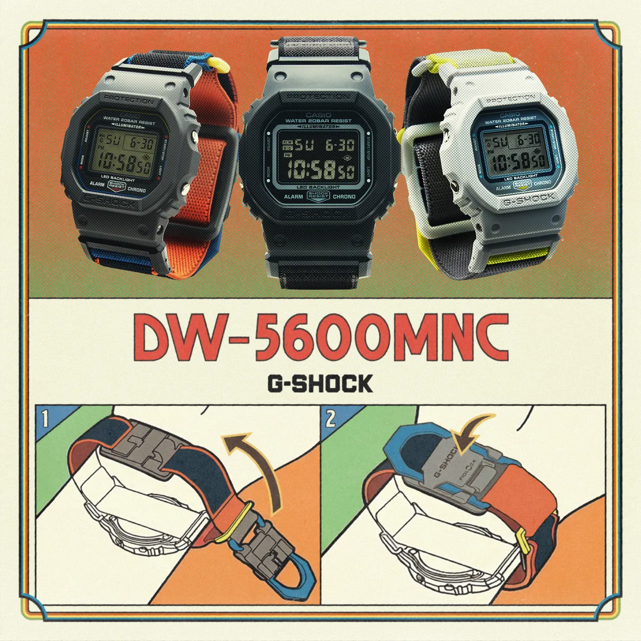 G-SHOCK推出全新搭配FIDLOCK®磁扣布質錶帶DW-5600MNC系列。品牌提供