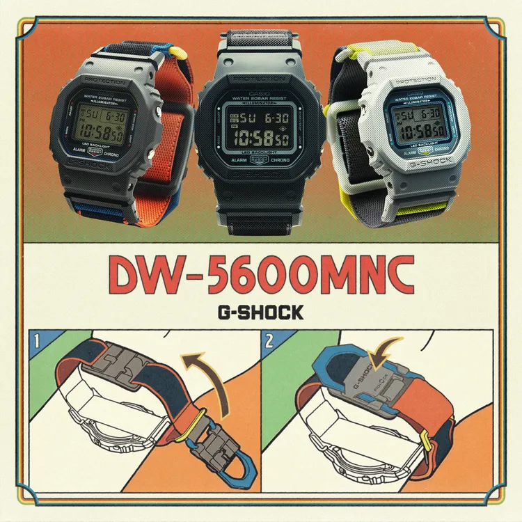 G-SHOCK推出全新搭配FIDLOCK®磁扣布質錶帶DW-5600MNC系列。品牌提供