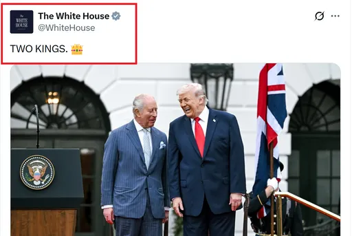 川普迎查爾斯三世合照　白宮圖說稱「兩位國王」惹議