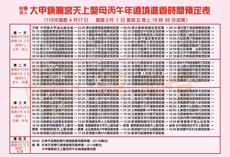 2026大甲媽祖遶境進香時間預定表。翻攝鎮瀾宮官網
