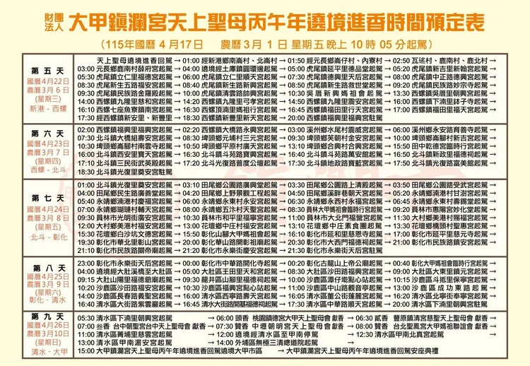 2026大甲媽祖遶境進香時間預定表。翻攝鎮瀾宮官網