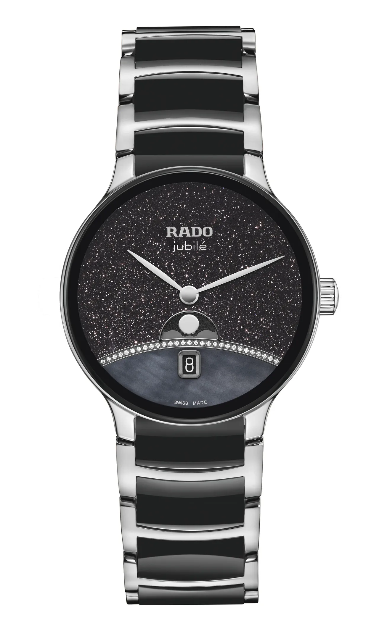 RADO Centrix晶萃系列高科技陶瓷月相鑲鑽腕錶R30234762，8萬6200元。品牌提供