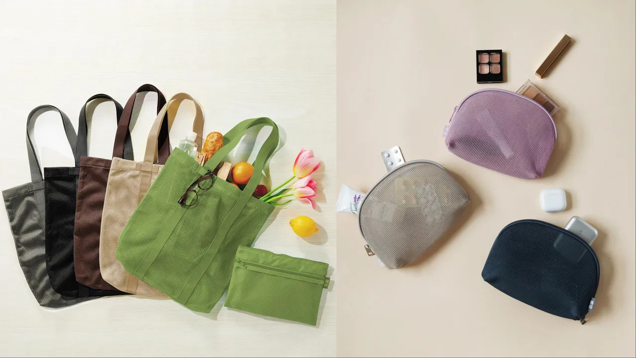 UNIQLO滿額贈推出「時尚網袋＋保冷收納袋」2件組（左）、「時尚網眼收納包」（右）。品牌提供