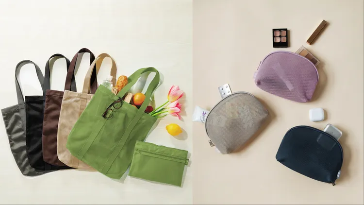 UNIQLO滿額贈推出「時尚網袋＋保冷收納袋」2件組（左）、「時尚網眼收納包」（右）。品牌提供