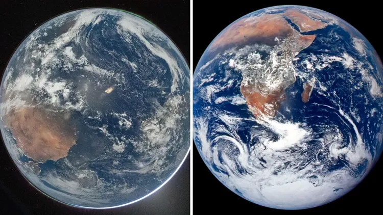 NASA將1972年登月任務所拍攝的地球影像（右圖）與今年阿提米絲二號任務的影像做對比。NASA
