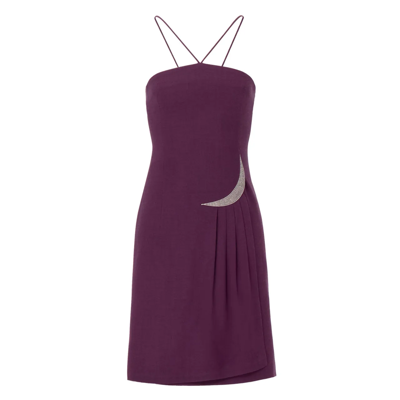女款紫色打摺設計細肩帶洋裝，1萬3700 元。品牌提供