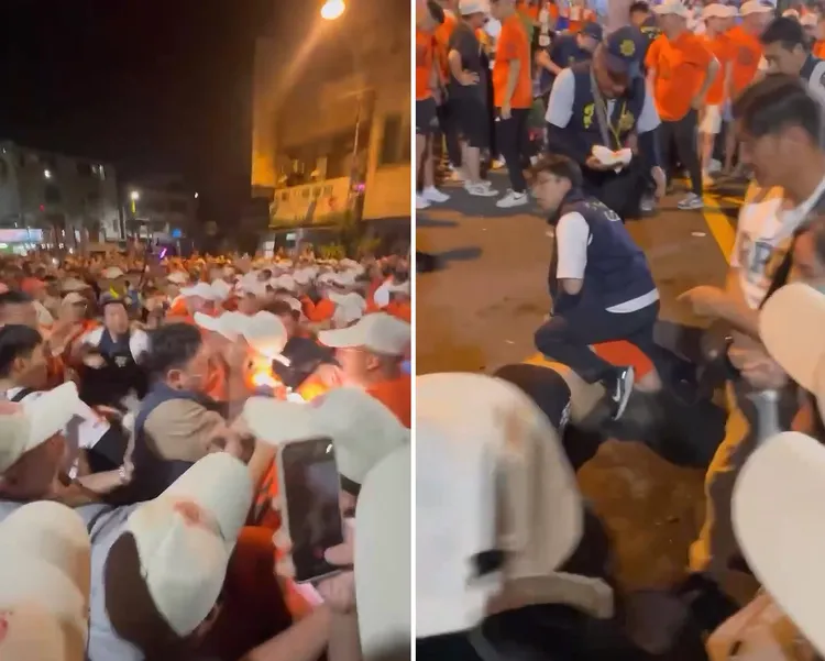 大甲媽祖鑾轎昨晚在彰化市爆發搶轎衝突，造成3名員警受傷，偵查隊長蕭登元（右）被打到流鼻血。Threads/jacky.627 提供