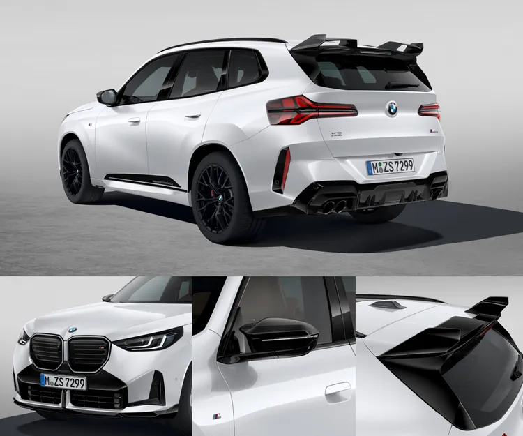 「BMW X3 M Performance Parts競技版套裝」完整涵蓋探索版與曜動版所有項目，包含M款高亮黑水箱護罩組、M款碳纖維後視鏡外蓋、M Performance高亮黑後擾流尾翼，以及專屬三件式M Performance前保定風翼。業者提供